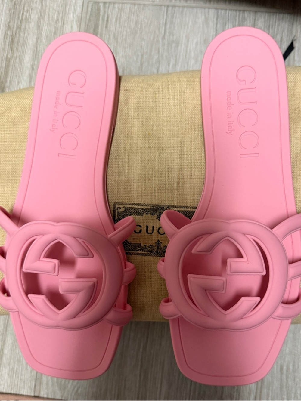 Gucci Pink Logo Rubber Slide Sandals